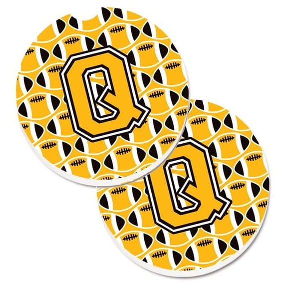 Letter Q Football Black with Old Gold & White Set of 2 Cup Holder Car Coaster