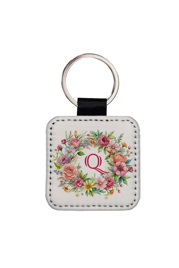 Letter Q Initial Monogram Flowers Floral Faux Leather Square Keychain