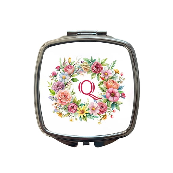 Letter Q Initial Monogram Flowers Floral Travel Makeup Handbag Purse Small Pocket Compact Mirror