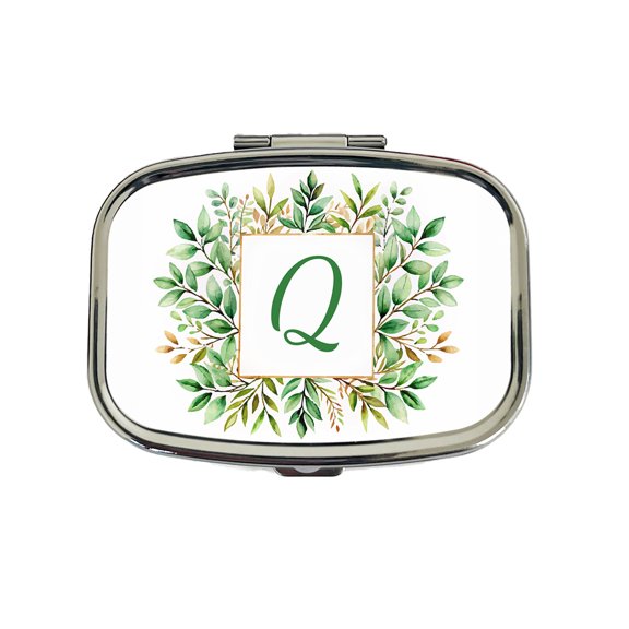 Letter Q Initial Monogram Frame Leaf Small Travel Handbag Pill Box Case