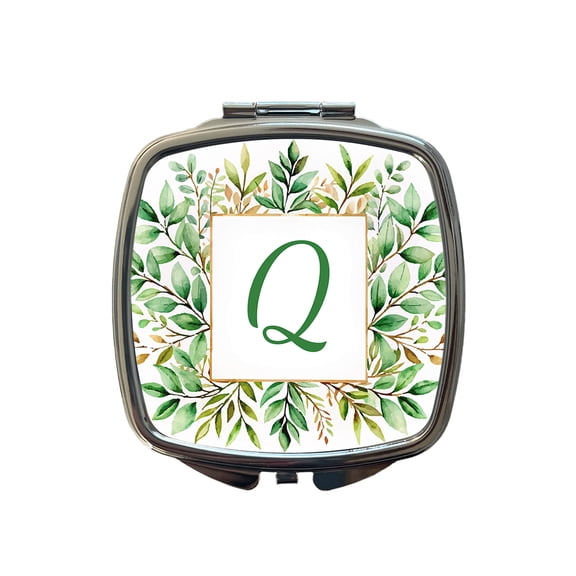 Letter Q Initial Monogram Frame Leaf Travel Makeup Handbag Purse Small Pocket Compact Mirror