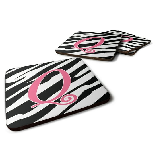 Letter Q Initial Zebra Stripe and Pink Foam Coaster Set of 4