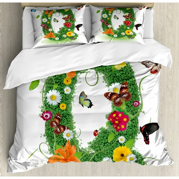 Letter Q King Size Duvet Cover Set, Summer Alphabet with Herbs Chamomiles Swirling Leaves Fragrance Themed Symbols, Decorative 3 Piece Bedding Set with 2 Pillow Shams, Multicolor, by Ambesonne