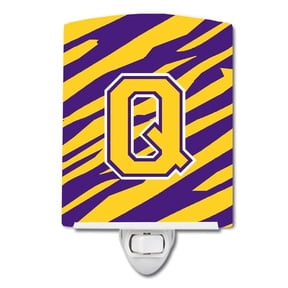 Letter Q Monogram Tiger Stripe Purple Gold Ceramic Night Light