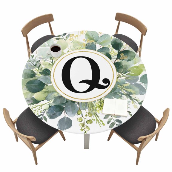 Letter Q Round Fitted Tablecloth Alphabet Green Eucalyptus Leaves Plant Simple Waterproof Elastic Stretch Table Cover for 36"-44" Round Table, Oil Proof Tablecloth for Picnic Party Dinner