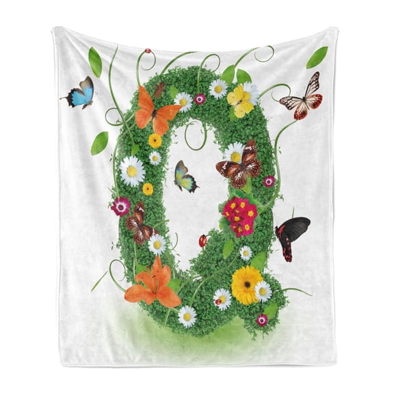 Letter Q Soft Flannel Fleece Throw Blanket, Summer Alphabet with Herbs Chamomiles Swirling Leaves Fragrance Themed , Cozy Plush for Indoor and Outdoor Use, 50" x 70", Multicolor, by Ambesonne