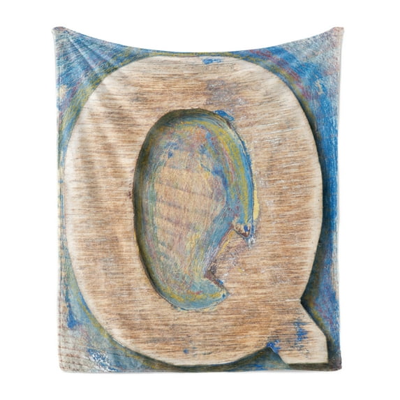 Letter Q Soft Flannel Fleece Throw Blanket, Worn Look Soft Colored Writing Natural Vintage Background Design Uppercase, Cozy Plush for Indoor and Outdoor Use, 50" x 60", Pale Brown Blue, by Ambesonne