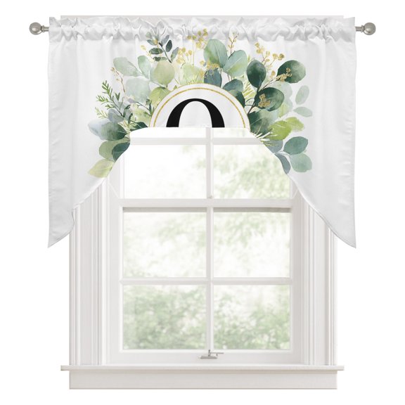 Letter Q Swag Valance for Windows, Alphabet Green Eucalyptus Leaves Plant Simple Swag Curtains Valances for Small Window Treatment Rod Pocket for Kitchen Bathroom 1 Panel 56x36in