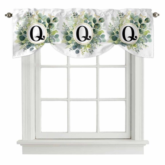 Letter Q Tie Up Valances Curtain, Alphabet Green Eucalyptus Leaves Plant Simple Adjustable Valance for Window Light Filtering for Kitchen and Bathroom Rod Pocket 1 Panel 42x12in