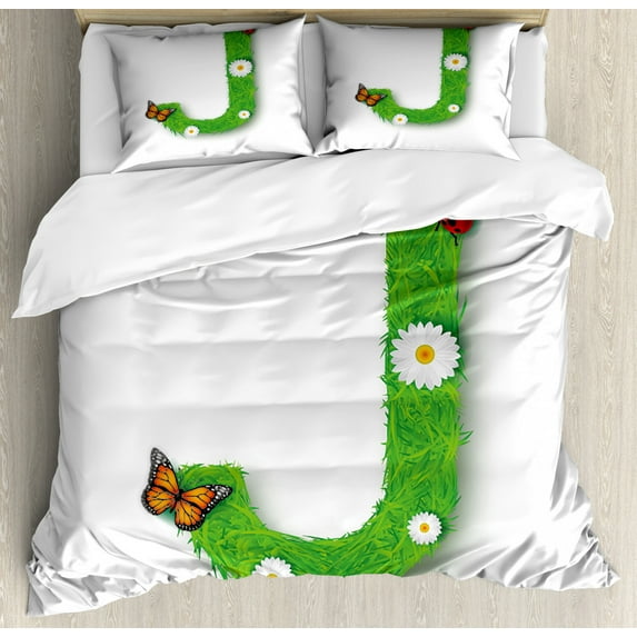 Letter A Queen Size Duvet Cover Set, Initials in Vibrant Colors and Summer Inspired Floral Meadow Fresh Garden, Decorative 3 Piece Bedding Set with 2 Pillow Shams, Green Black Orange, by Ambesonne