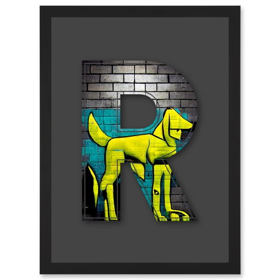 Letter R Abstract Dog Yellow Decorative Graffiti Mural Alphabet Initial Stencil Artwork Framed Wall Art Print A4