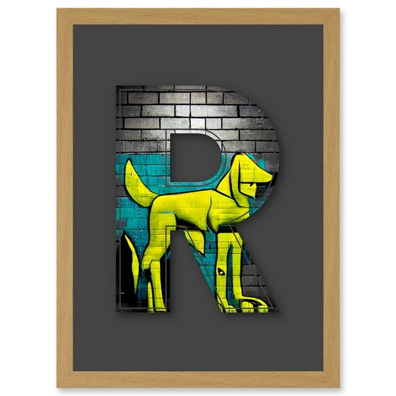 Letter R Abstract Dog Yellow Decorative Graffiti Mural Alphabet Initial Stencil Artwork Framed Wall Art Print A4