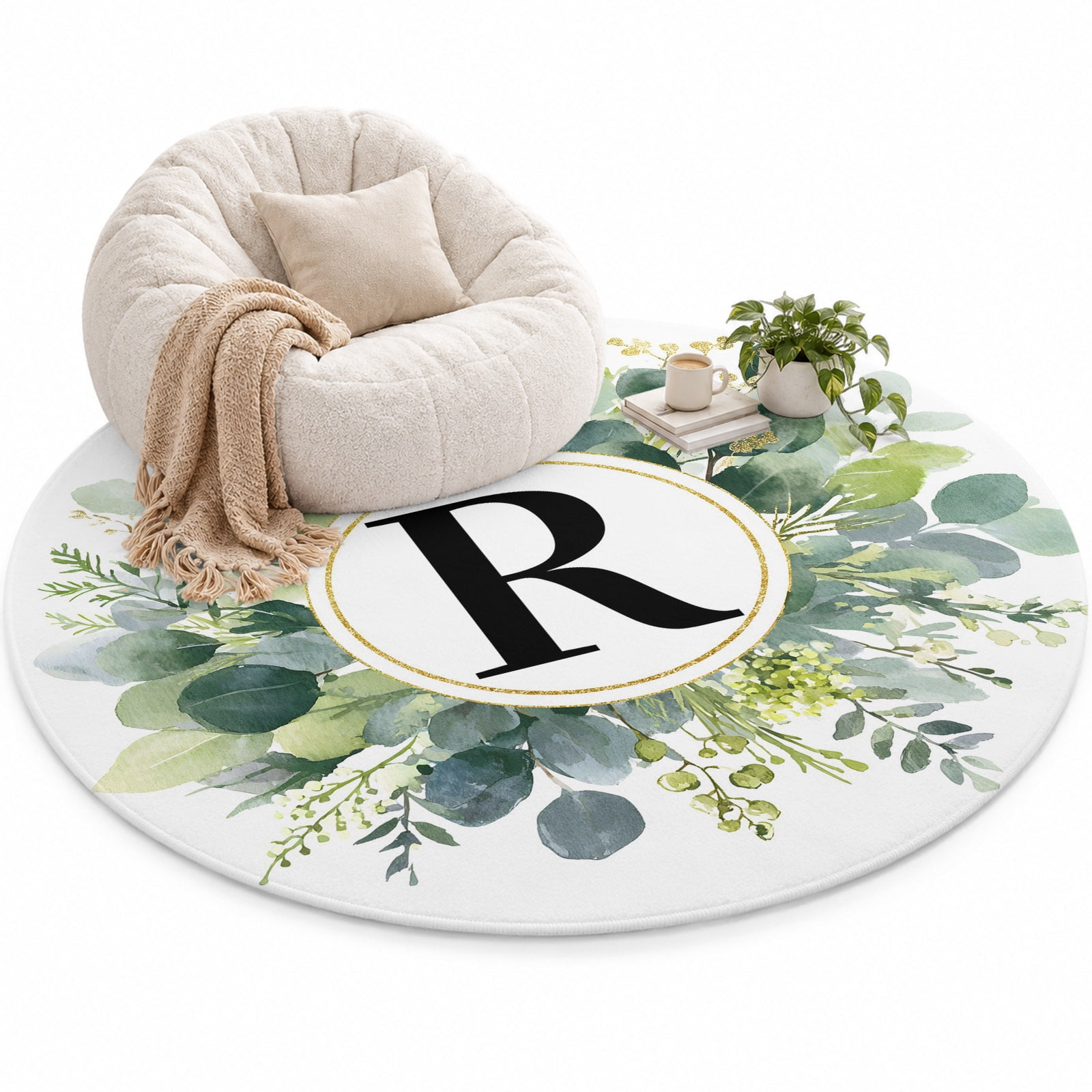 Letter R Area Rug 4', Alphabet Green Eucalyptus Leaves Plant Simple ...