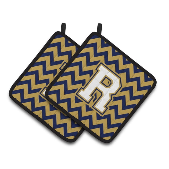 Letter R Chevron Navy Blue and Gold Pair of Pot Holders