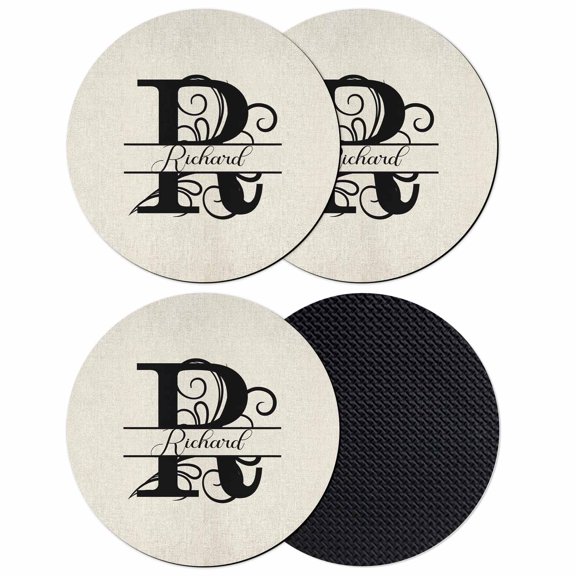 Letter R Coasters Set of 4, Monogram Words Absorbent Coasters for Drinks, Coaster for Bar Office Dining Coffee Table Accessories Decor, Non Slip Round Desk Coaster