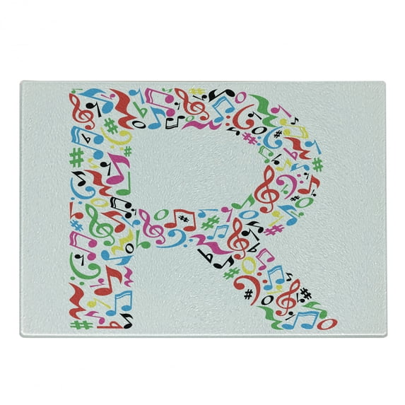 Letter R Cutting Board, Cool and Creative Arts Themed Typography Design Music Inspired Uppercase R Font, Decorative Tempered Glass Cutting and Serving Board, Small Size, Multicolor, by Ambesonne