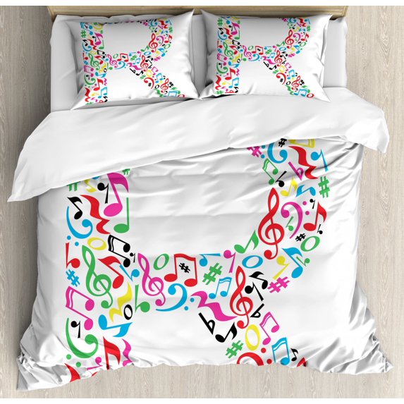Letter R Duvet Cover Set Queen Size, Cool and Creative Arts Themed Typography Design Music Inspired Uppercase R Font, Decorative 3 Piece Bedding Set with 2 Pillow Shams, Multicolor, by Ambesonne