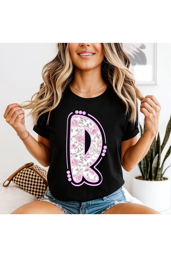 Letter R Floral Initial Womens T-Shirt Botanical Rose Tee All Size S-5XL