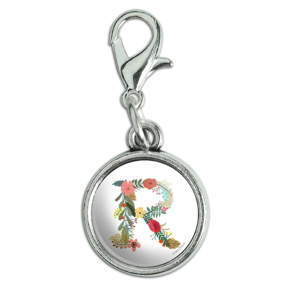 Letter R Floral Monogram Initial Antiqued Bracelet Pendant Zipper Pull Charm with Lobster Clasp