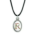 thumbnail image 1 of Letter R Floral Monogram Initial Antiqued Oval Charm Pendant with Black Satin Cord, 1 of 4