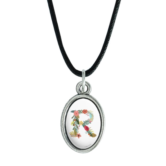 Letter R Floral Monogram Initial Antiqued Oval Charm Pendant with Black Satin Cord