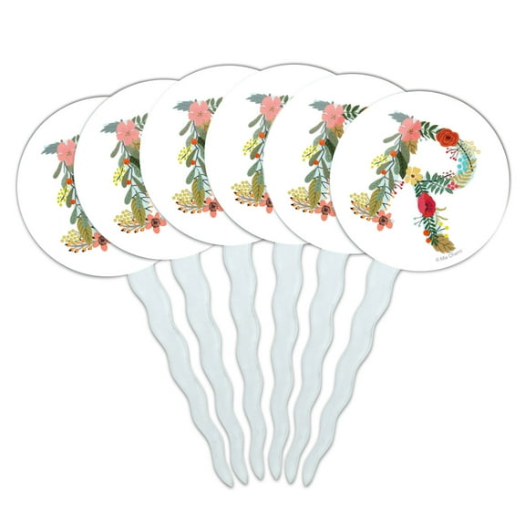Letter R Floral Monogram Initial Cupcake Picks Toppers Decoration Set of 6