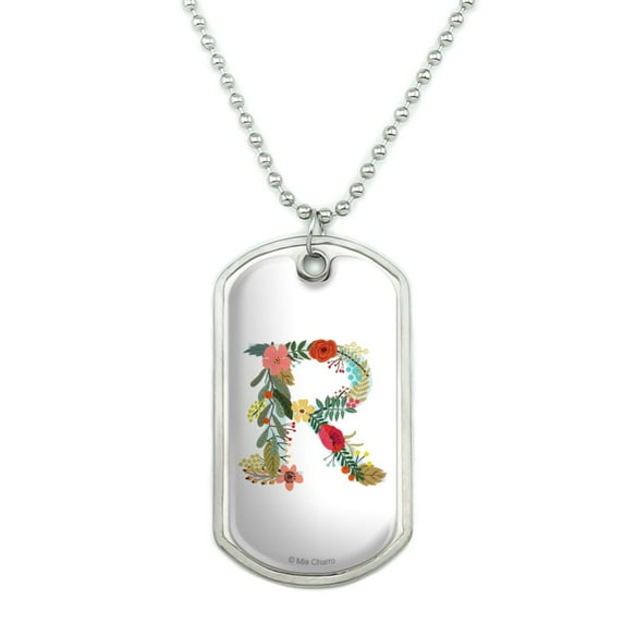 Letter R Floral Monogram Initial Military Dog Tag Pendant Necklace with Chain