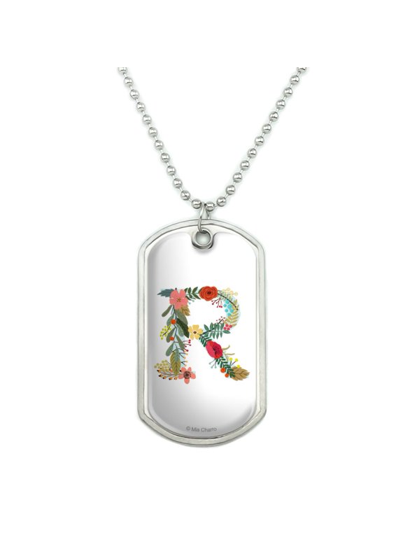 Letter R Floral Monogram Initial Military Dog Tag Pendant Necklace with Chain