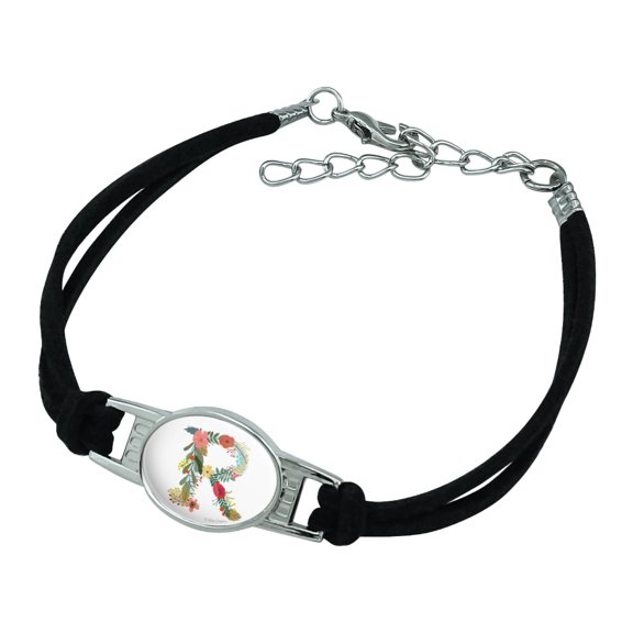 Letter R Floral Monogram Initial Novelty Suede Leather Metal Bracelet