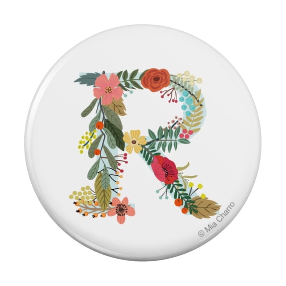 Letter R Floral Monogram Initial Pinback Button Pin