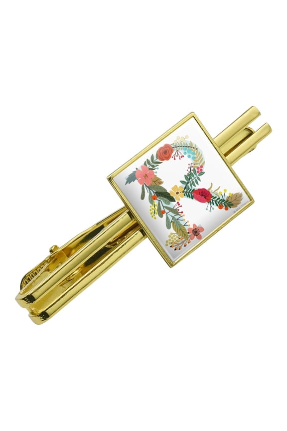 Letter R Floral Monogram Initial Square Tie Bar Clip Clasp Tack- Silver or Gold