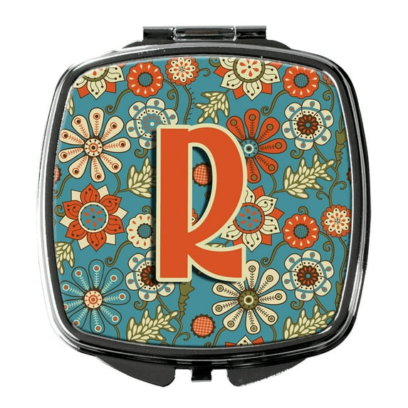 Letter R Flowers Retro Blue Compact Mirror CJ2012-RSCM