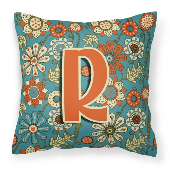 Letter R Flowers Retro Blue Fabric Decorative Pillow