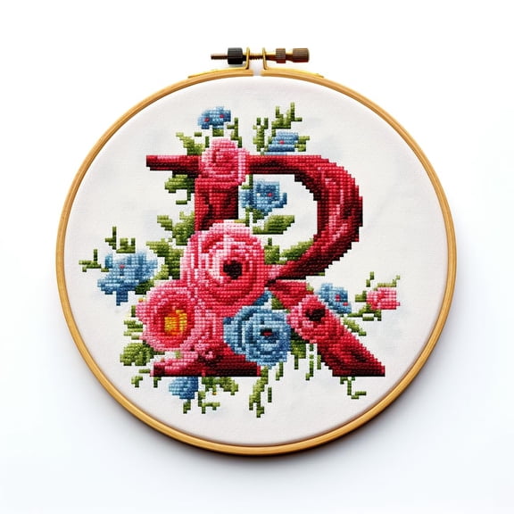 Letter R in Flowers Stamped Cross Stitch Kits for Beginners Easy with Hoop 11CT Needlepoint Embroidery Counted Cross Stitch Kits Art Craft Wall Decoration 35x35cm(1)