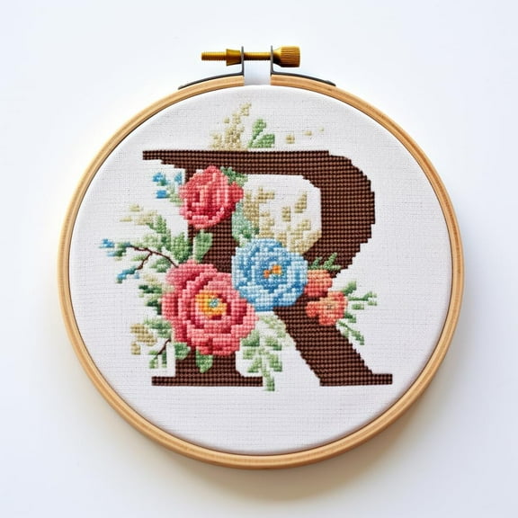 Letter R in Flowers Stamped Cross Stitch Kits for Beginners Easy with Hoop 11CT Needlepoint Embroidery Counted Cross Stitch Kits Art Craft Wall Decoration 35x35cm(3)