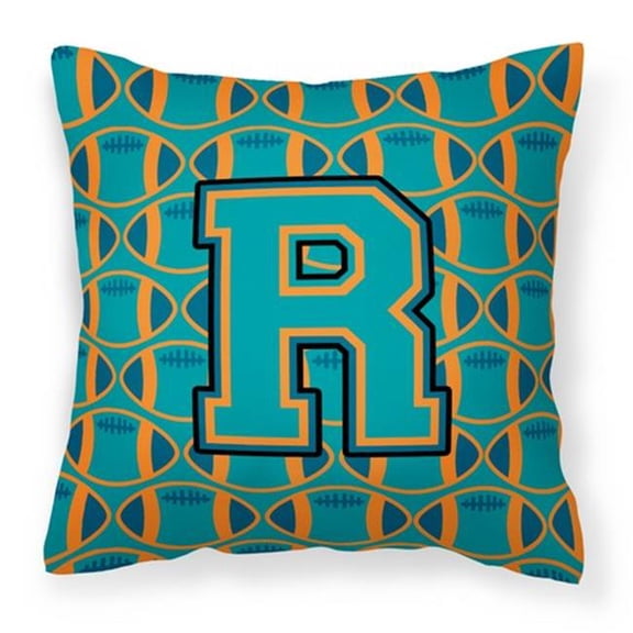 Letter R Football Aqua - Orange & Marine Blue Fabric Decorative Pillow