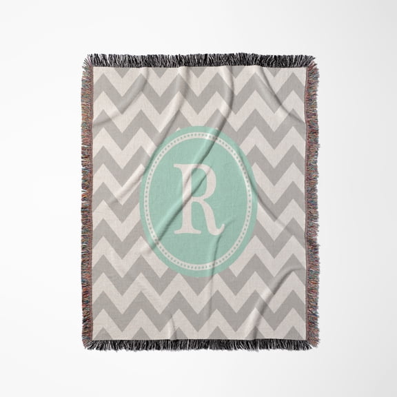 Letter R Grey And White Chevron With Mint Monogram Personal Initial R, Woven Blanket
