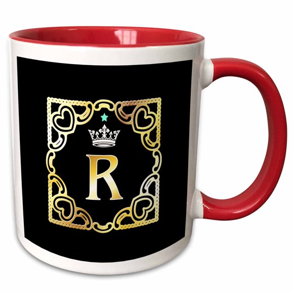 3drose, Letter R- Image of Monogram with Crown and Blue Star- Not Metal Foil, 11oz Two-tone Red Mug