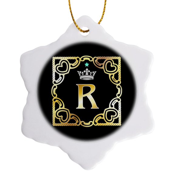 3drose, Letter R- Image of Monogram with Crown and Blue Star- Not Metal Foil, 3 inch Snowflake Porcelain Ornament