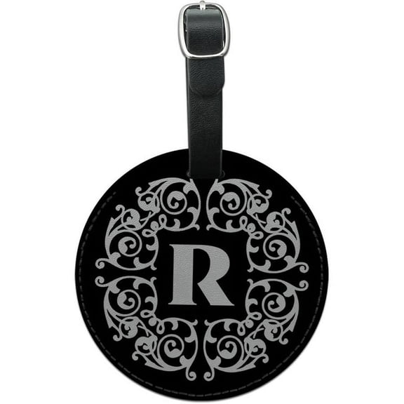 Letter R Initial Black White Scrolls Round Leather Luggage ID Tag Suitcase