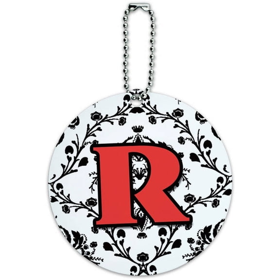 Letter R Initial Damask Elegant Red Black Round Luggage ID Tag Card for Suitcase or Carry-On