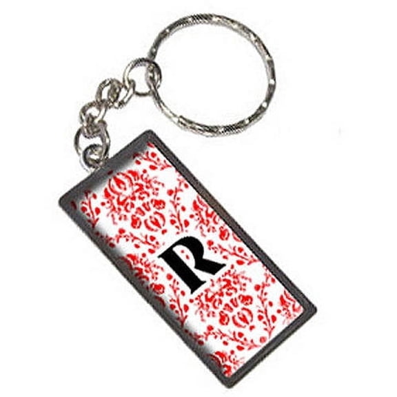 Letter R Initial Damask Elegant Red Black White Keychain Key Chain Ring