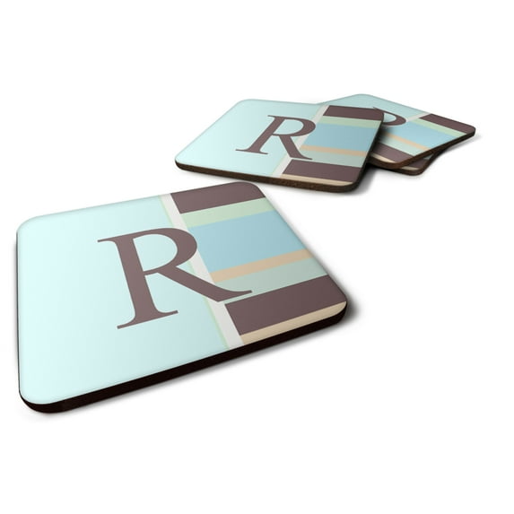 Letter R Initial Monogram - Blue Stripes Foam Coaster Set of 4