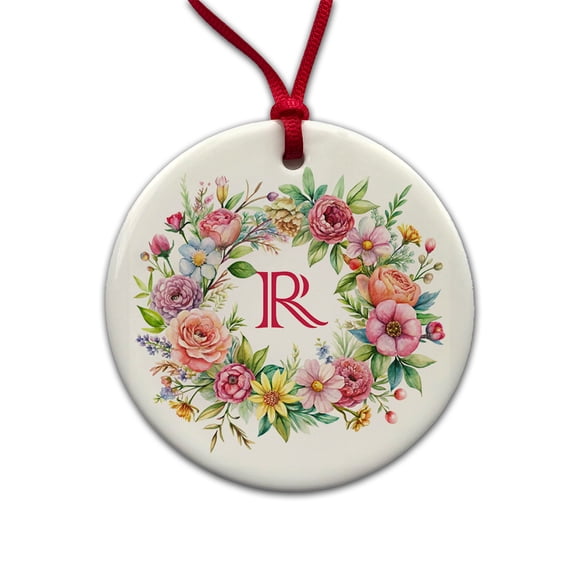 Letter R Initial Monogram Flowers Floral Christmas Tree Holiday Round Ceramic Ornament