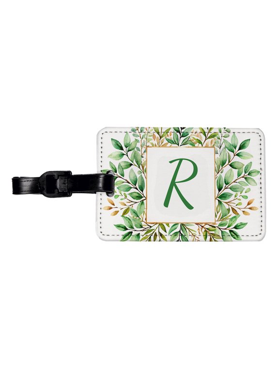 Letter R Initial Monogram Frame Leaf Faux Leather Travel Luggage Tag