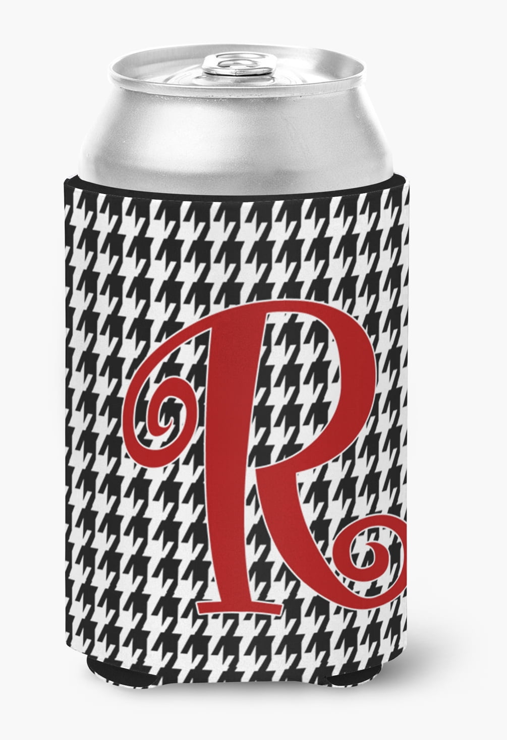 Letter R Initial Monogram - Houndstooth Black Can or Bottle Hugger