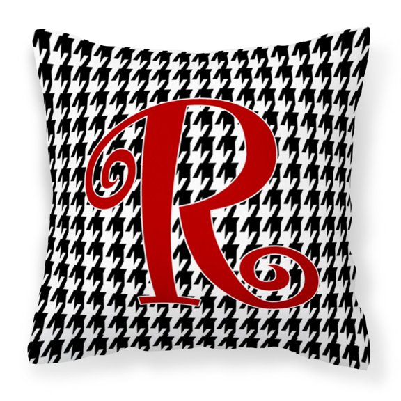 Letter R Initial Monogram - Houndstooth Black Fabric Decorative Pillow