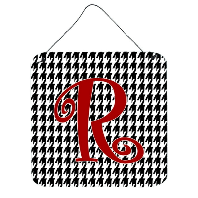 Letter R Initial Monogram - Houndstooth Black Wall or Door Hanging Prints