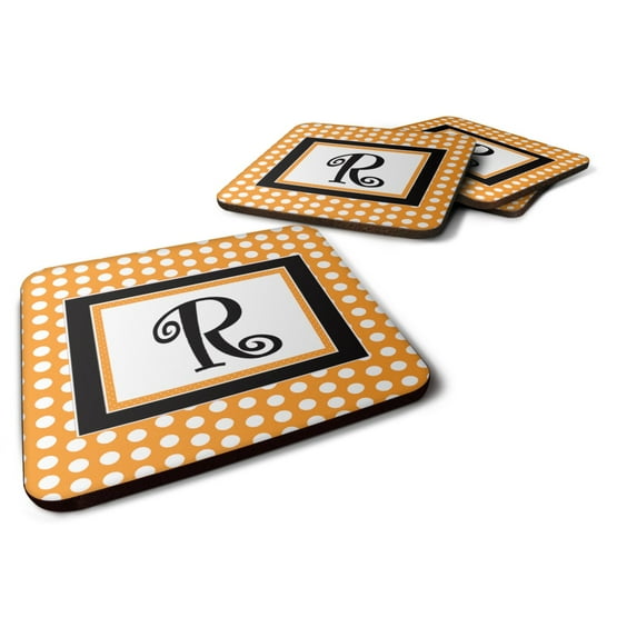 Letter R Initial Monogram - Orange Polkadots Foam Coaster Set of 4