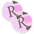 thumbnail image 1 of Letter R Initial Monogram Pink Stripes Set of 2 Cup Holder Car Coaster, 1 of 1